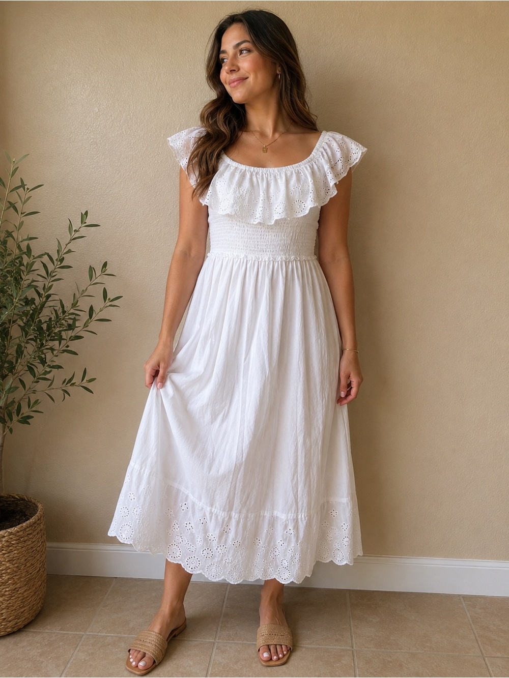Smocked White Eyelet Maxi Dress with Ruffle Neckline
